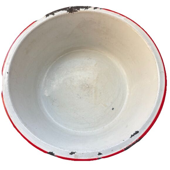 Vintage White Red Enamelware Wash Basin Bowl Farmhouse Rustic Distressed 10” - Picture 2 of 7